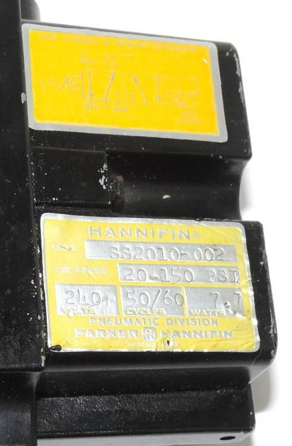 Used PARKER HANNIFIN SS20105002 VALVE 240 VOLTS, 50/60 CYCLES, 7.7 WATTS, 20-150 PSI