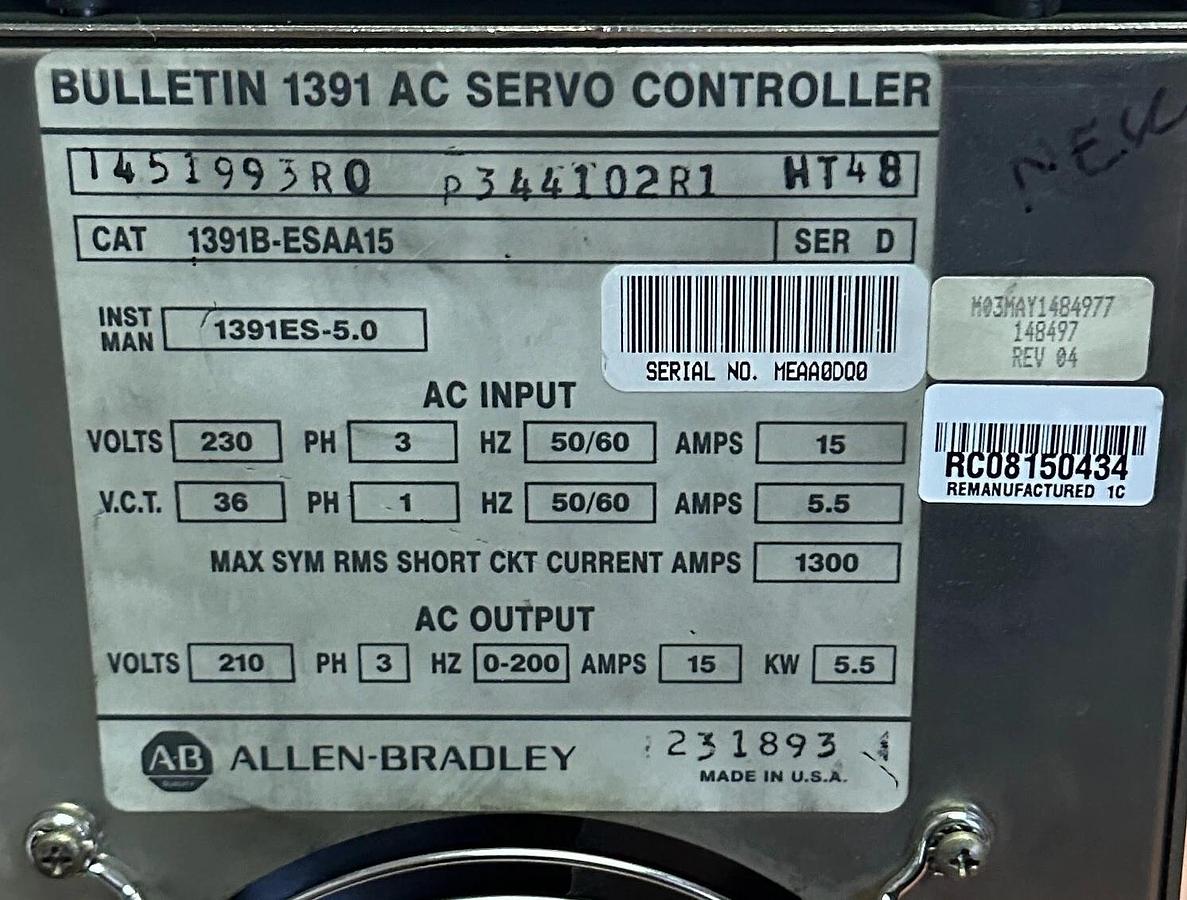 Refurbished REPAIRED ALLEN BRADLEY 1391B-ESAA15 /D AC SERVO CONTROLLER 230V 15A 1391BESAA15