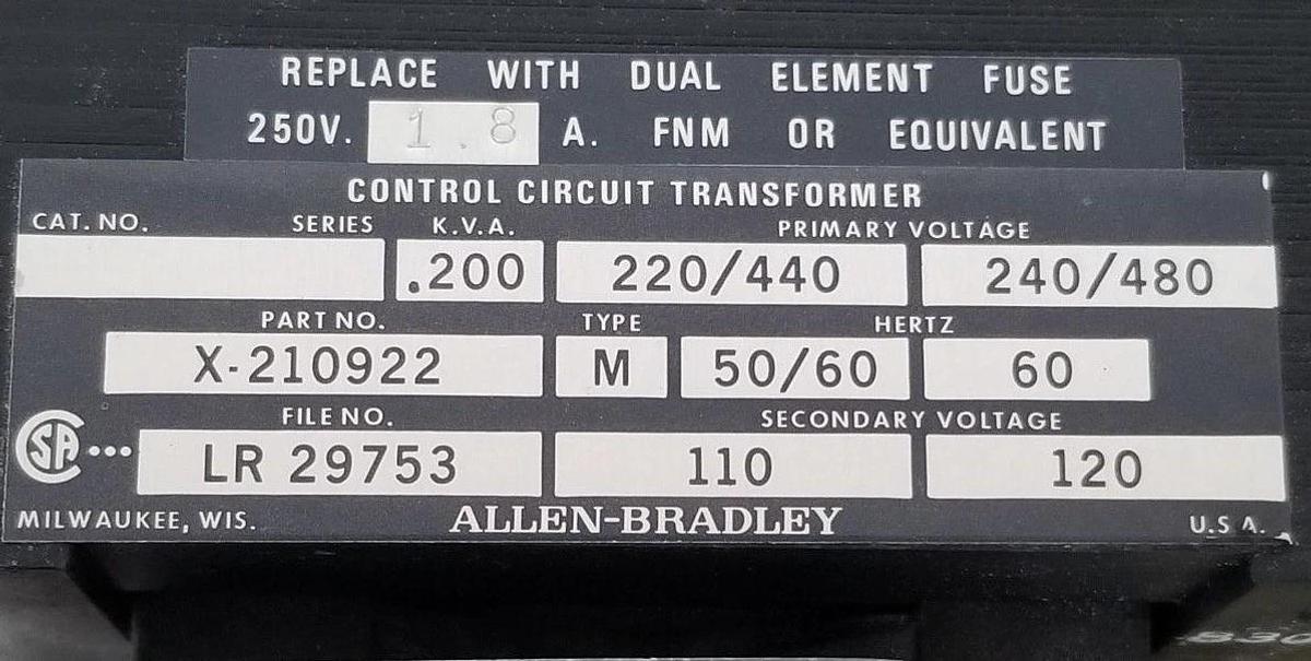 Used ALLEN BRADLEY 509-DOD STARTER ASSEMBLY W/ X-210922 TRANSFORMER, AAE-A201-0 RELAY