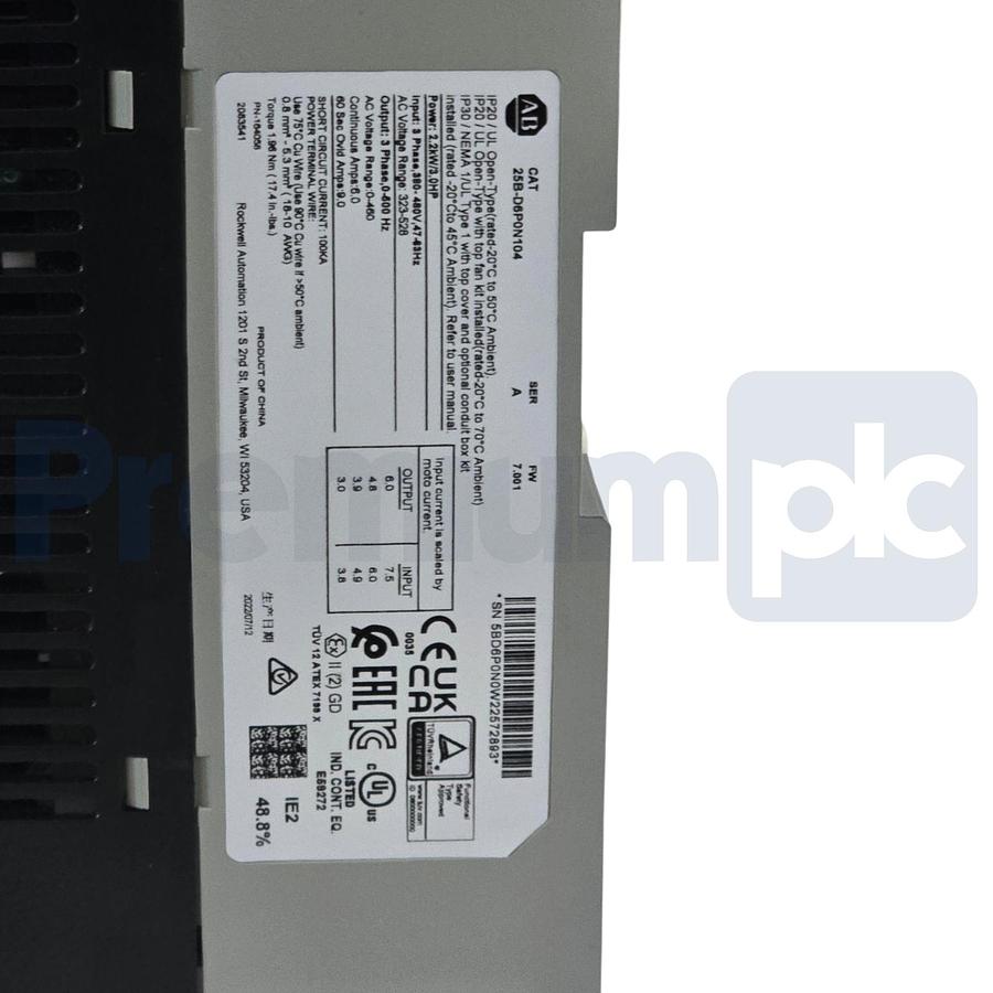 Used Surplus Allen Bradley 25B-D6P0N104 /A PowerFlex 525 AC Drive 3Ph 480V 3HP 7.001