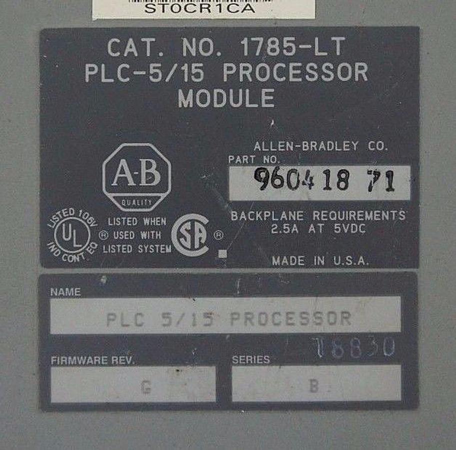 Used ALLEN BRADLEY 1785-LT PLC 5/15 PROCESSOR MODULE SER. B F/W REV: G 1785LTB