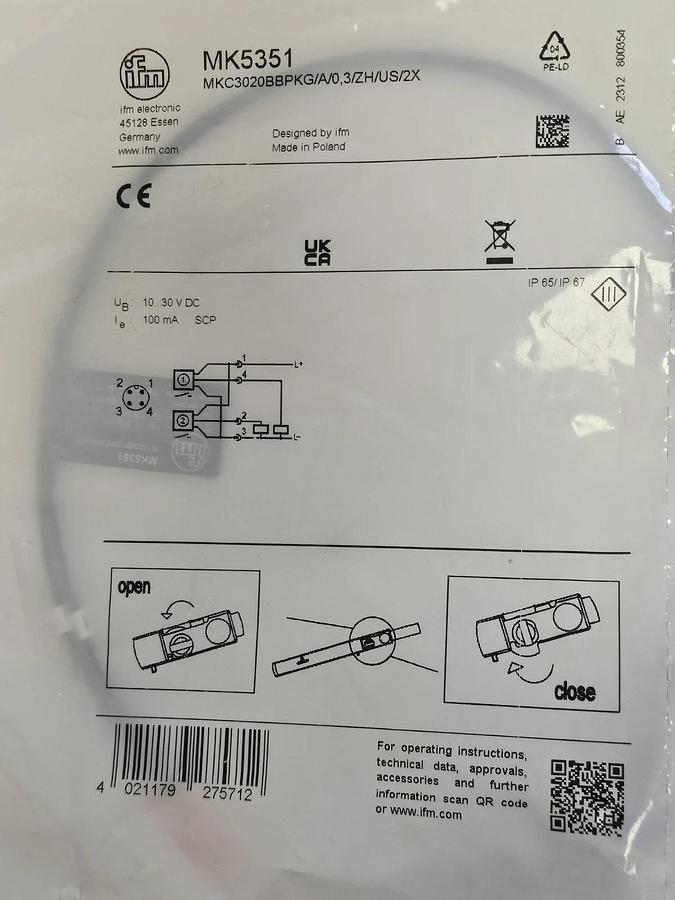 Used NEW IFM MKC3020BBPKG/A/0,3/ZH/US/2X CYLINDER SENSOR MK5351 10...30V DC 100mA