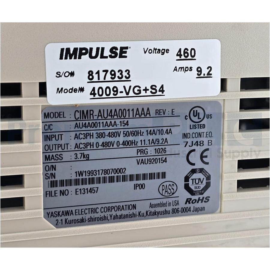 Used MAGNETEK YASKAWA 4009-VG+S4 IMPULSE VG+ SERIES 4 VFD 460V 5HP CIMR-AU4A0011AAA