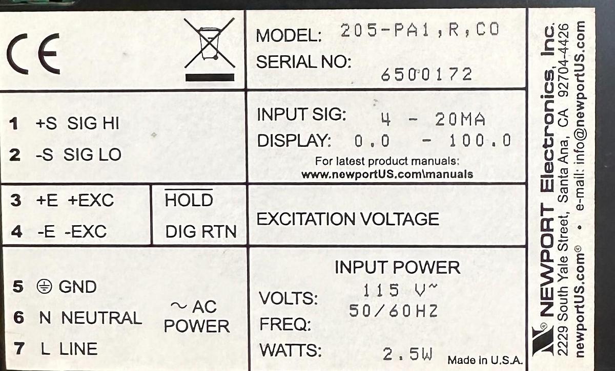 Used NEW NEWPORT ELECTRONICS 205-PA1-R-C0 / 205-PA1-R-CO PANEL PROCESS METER 115V