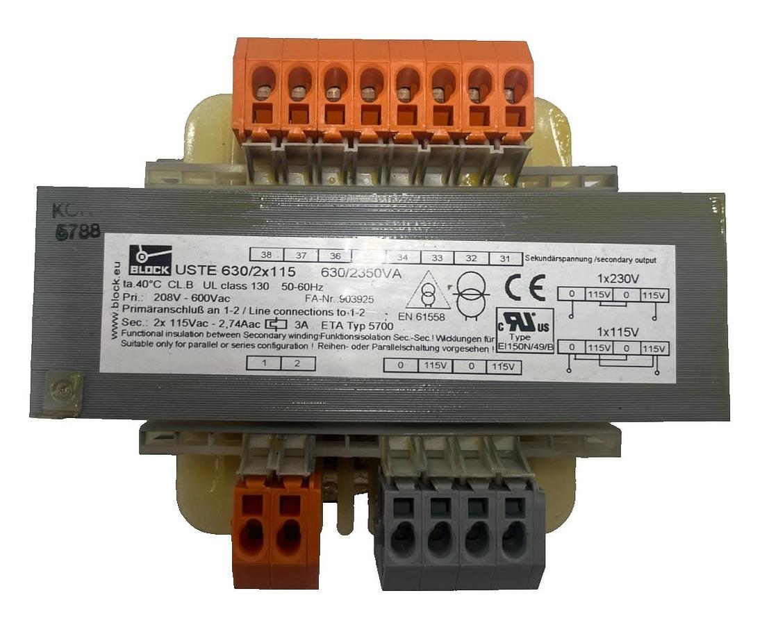 Used BLOCK USTE 630/2X115 630 VA Control‐/Isolating Transformer 2X115 V Output NSMP