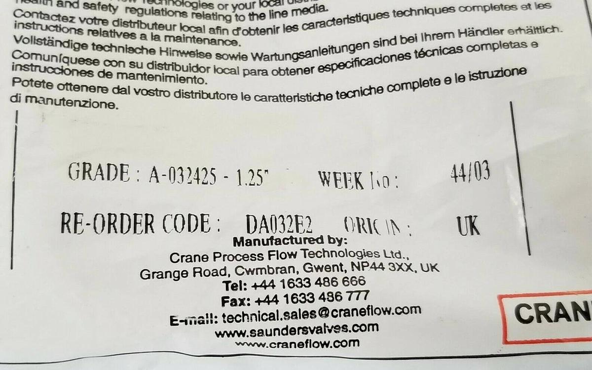 Used NEW SAUNDERS DA032E2 DIAPHRAGM A-032425-1.25'' 425 EPM A 1 1/4 DN32