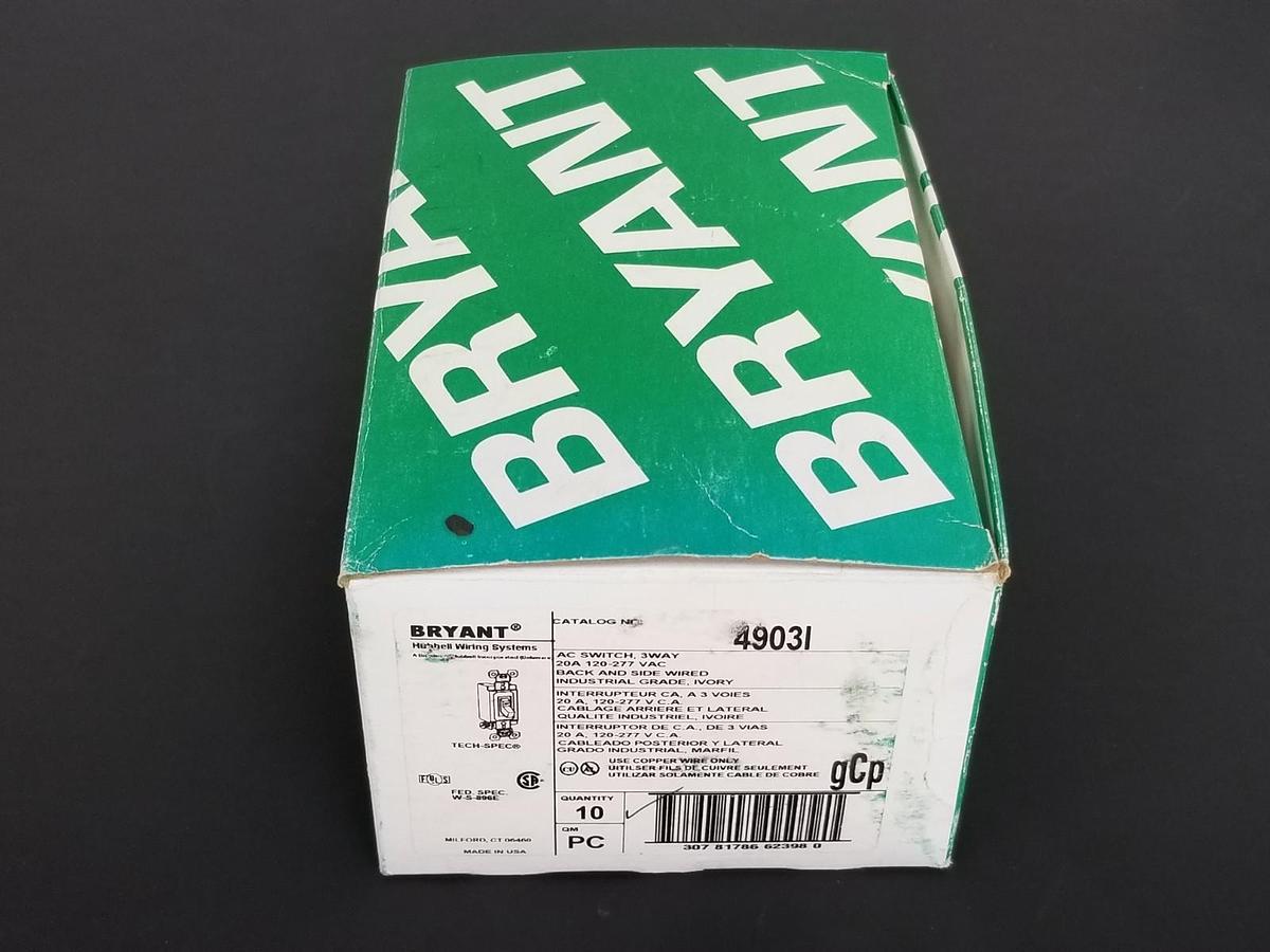 Used BOX OF 8 NEW BRYANT 4903-I 3-WAY AC SWITCHES 20A 120-277VAC IVORY 4903I