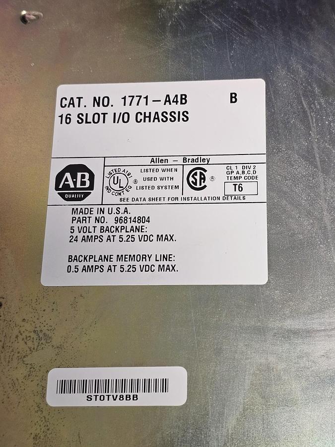 Used ALLEN BRADLEY 1771-A4B 16 SLOT I/O CHASSIS 1771A4B SER. B P/N: 96814804