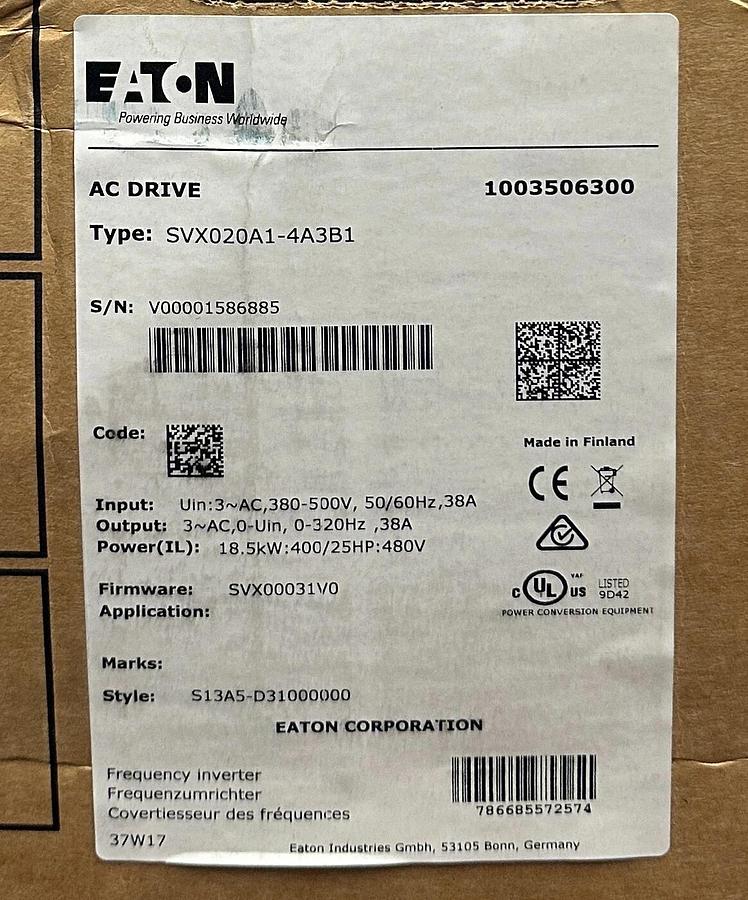 Used EATON SVX020A1-4A3B1 / SVX020A14A3B1 SVX9000 AC INVERTER DRIVE 18.5kW/25HP NSFS