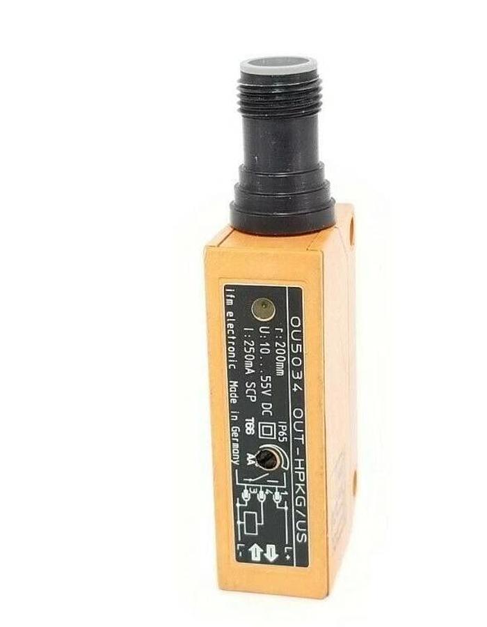 Used IFM EFECTOR OU5034 OUT-HPKG/US DIFFUSE REFLECTION SENSOR, 200MM, 10-55V DC