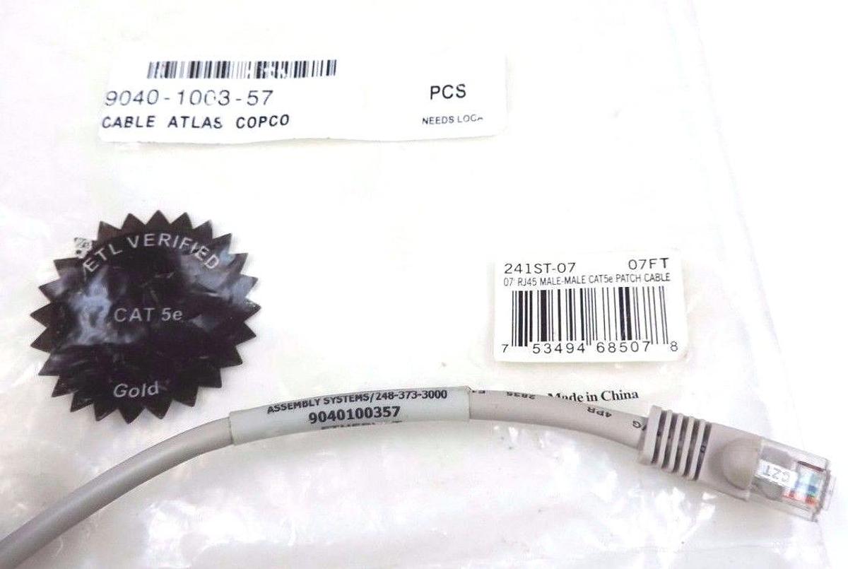 Used LOT OF 2 NEW ATLAS COPCO 9040-1003-57, 241ST-07, 07' RJ45 MALE-MALE CAT5e CABLES