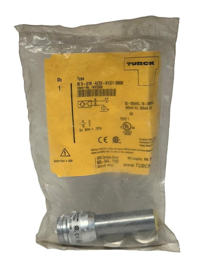 Used TURCK T4372000 / BI 5-G18-AZ3X-B1331 50MM INDUCTIVE SENSOR AC/DC RATINGS NSFS