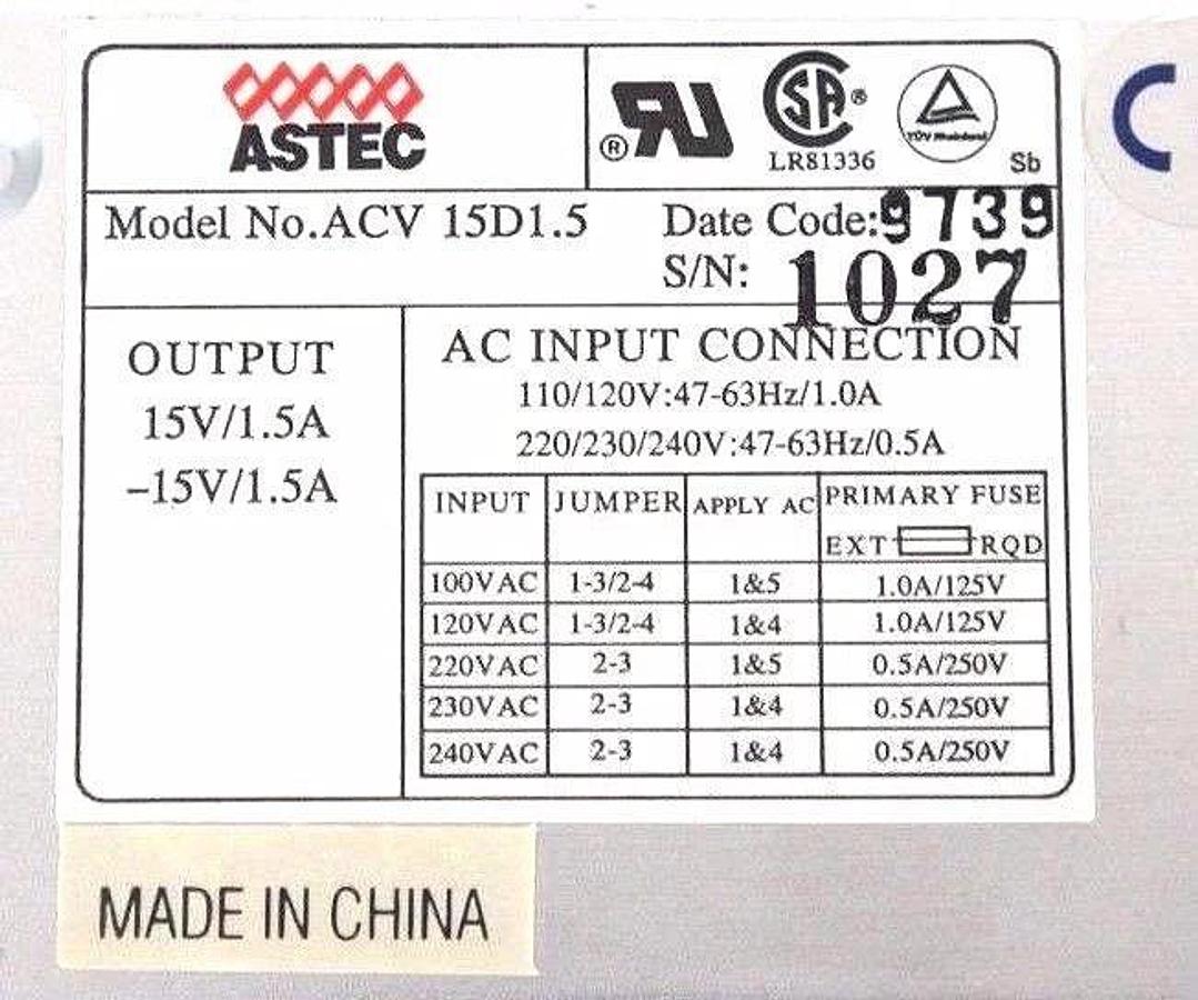 NIB ASTEC ACV-15D1.5 POWER SUPPLY 15V, 1.5 AMP, P/N 73-385-021
