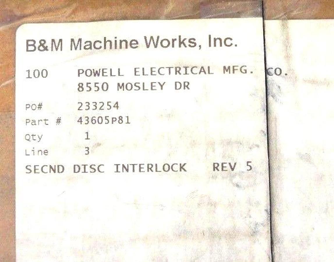 Used NEW B&M MACHINE WORKS 43605P81 SECONDARY DISCONNECT INTERLOCK BAR REV 5