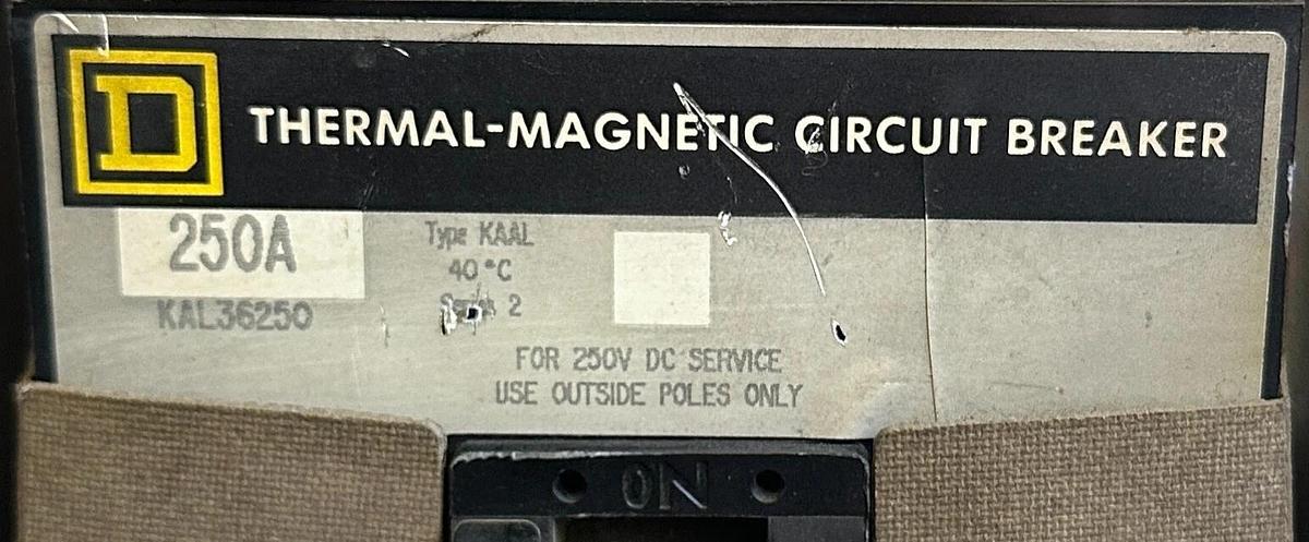 Used SQUARE D KAL36250 THERMAL-MAGNETIC CIRCUIT BREAKER 250A W/ 9422-RP-1 /B MECH