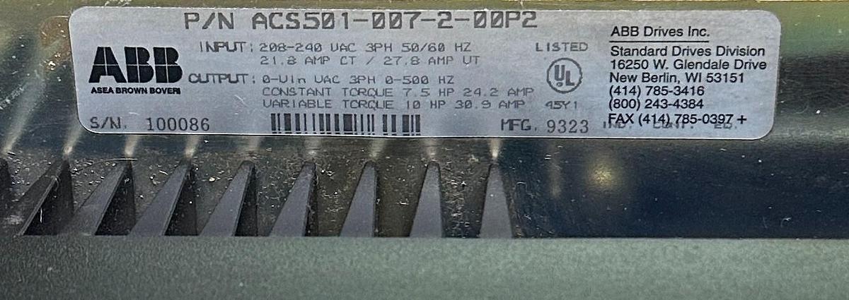 Used ABB ACS501-007-2-00P2  / ACS501007200P2 ACS 500 AC DRIVE 7.5/10HP 208-240VAC 3PH