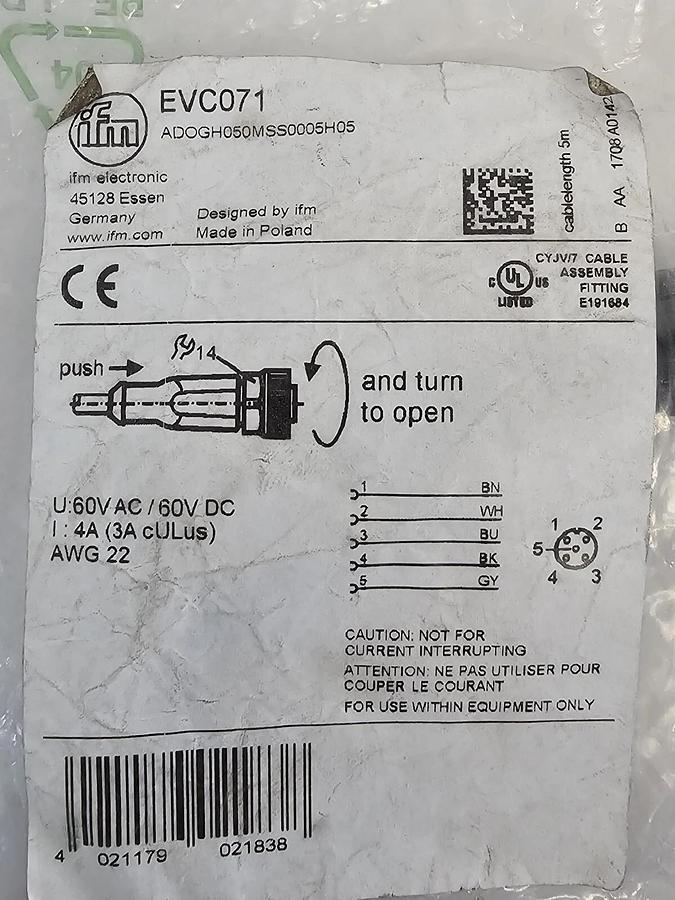 Used NEW IFM ADOGH050MSS0005H05 CONNECTING CABLE EVC071