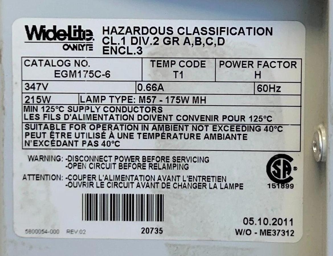 Used WIDELITE EGM175C-6 / EGM175C6 FLOOD LIGHT T1 H POWER FACTOR 347V 0.66A 60Hz USNP