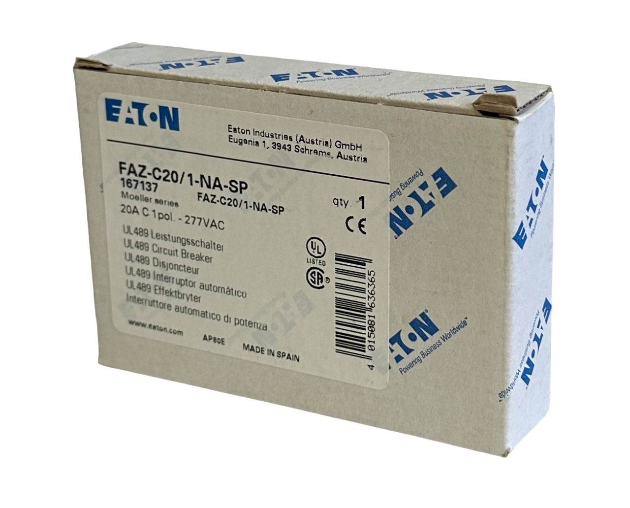 Used NEW EATON FAZ-C20/1-NA-SP / 167137 MOELLER SERIES 20A CIRCUIT BREAKER 1P 277VAC