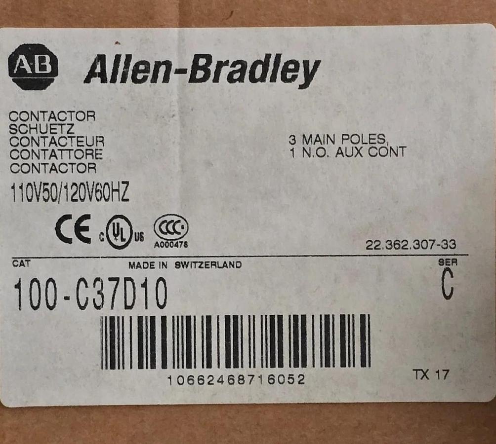 Allen Bradley 100-C37D10 /C 100-C IEC Contactor 3-P 37A 110/120VAC 1NO Aux Cont