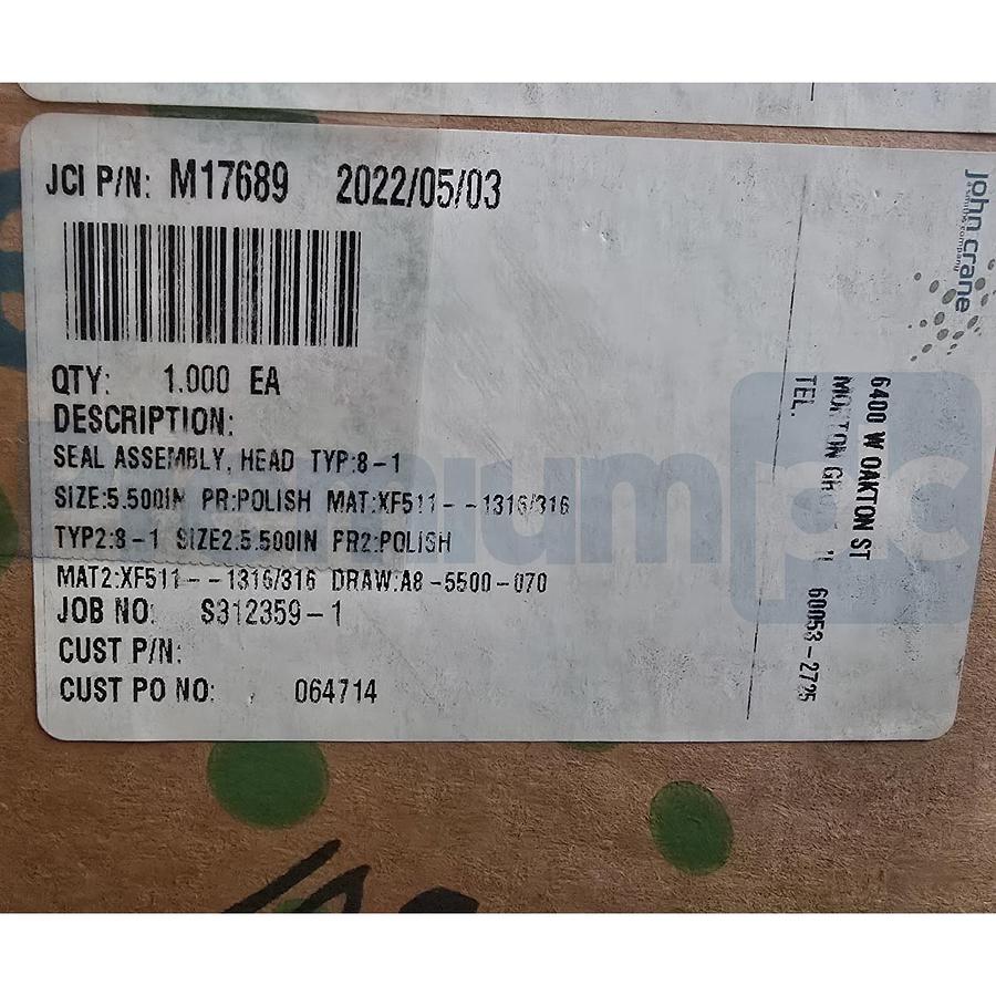 Used John Crane M17689 Type 8-1 5.500" Double Mechanical Seal Assembly 511-1315/316