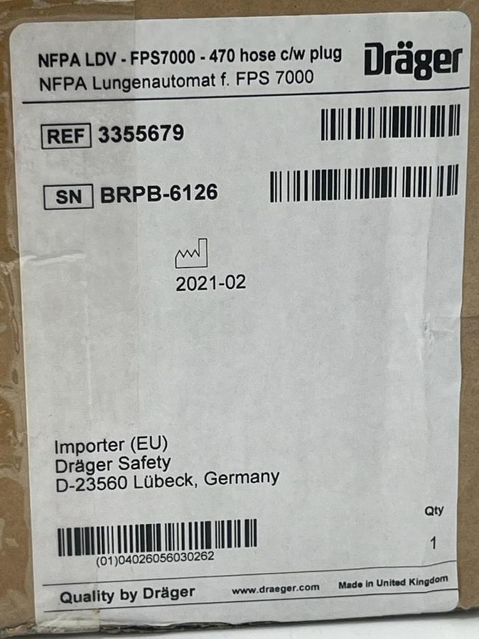 Used Drager Draeger FPS7000 NFPA Lung Demand Valve (LDV) 470 Hose c/w plug - 3355679