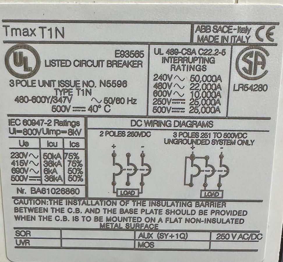Used NEW ABB 1SDA061805R1 SACE TMAX T1 N 100 CIRCUIT BREAKER T1N060TLA T1N 3-POLE