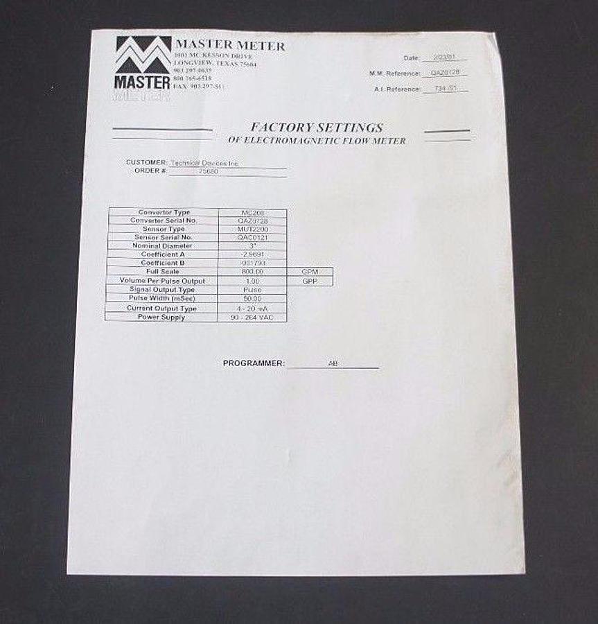 Used NEW MASTER METER MODEL: MC 208 P/N: QAZ 179 CONVERTER ELECTROMAGNETIC FLOW METER