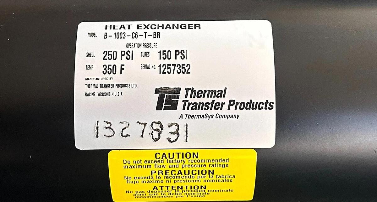 Used THERMAL TRANSFER PRODUCTS B-1003-C6-T-BR / B1003C6TBR HEAT EXCHANGER SHELL/TUBE