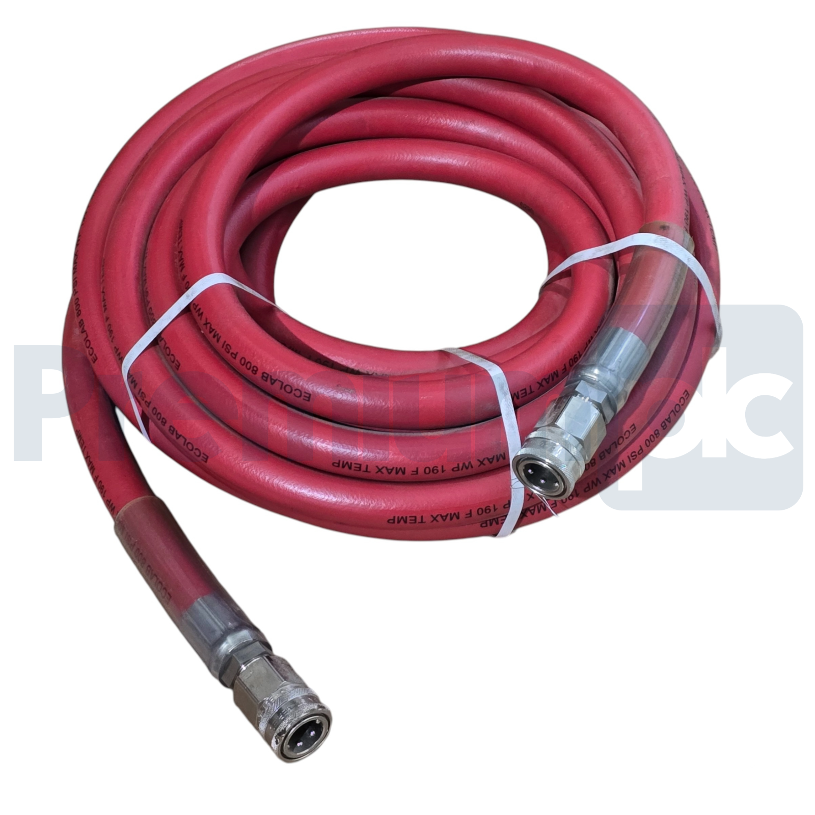 Used ECOLAB Red Hot Water Hose 800PSI WP 190°F MAX 50' w/Quick Disconnects S94783005