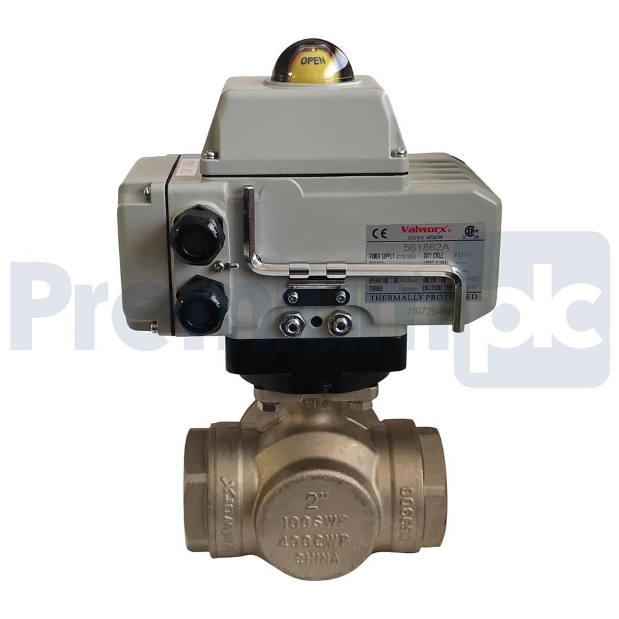 Used VALWORX 567916A 2" ELECTRIC ACTUATED 3-WAY BRASS T-DIVERTER VALVE 110VAC 561862A