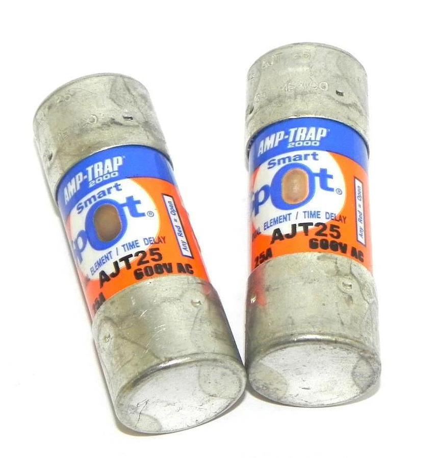 Used LOT OF 2 AMP-TRAP AJT25 DUAL-ELEMENT SMART SPOT FUSES 25A 600V AC