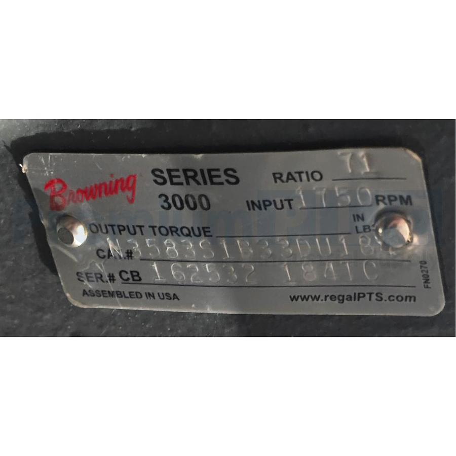 Used REGAL BROWNING OtN 3000 OTN-3583-S1-B33D-U-184TC RATIO:71 1750RPM U5P2DC REDUCER