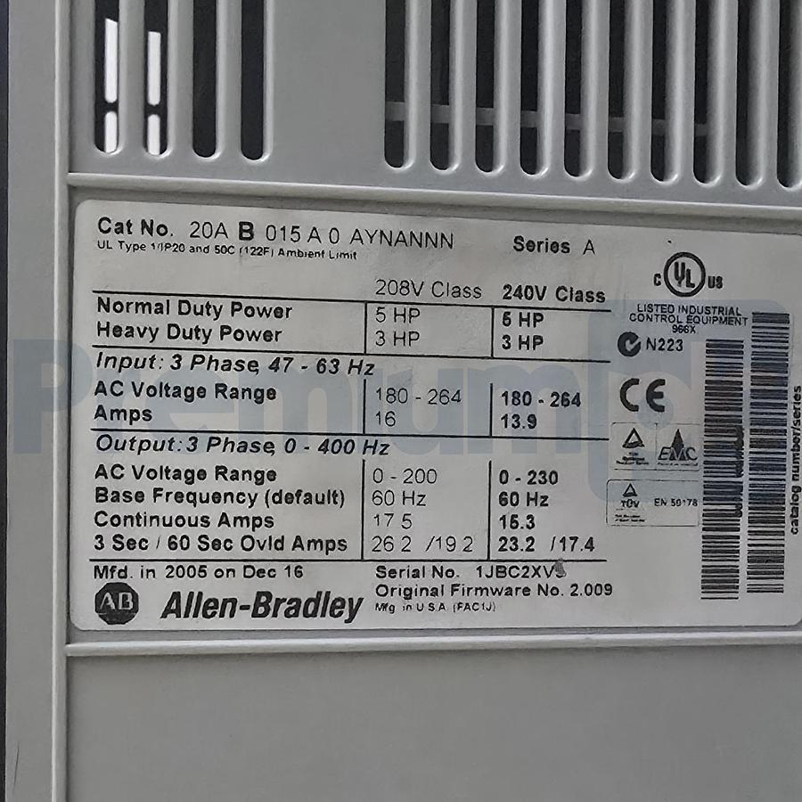 Used Allen-Bradley 20AB015A0AYNANNN /A PowerFlex 70 VFD 5HP 240V 3-Ph AC Drive USPI
