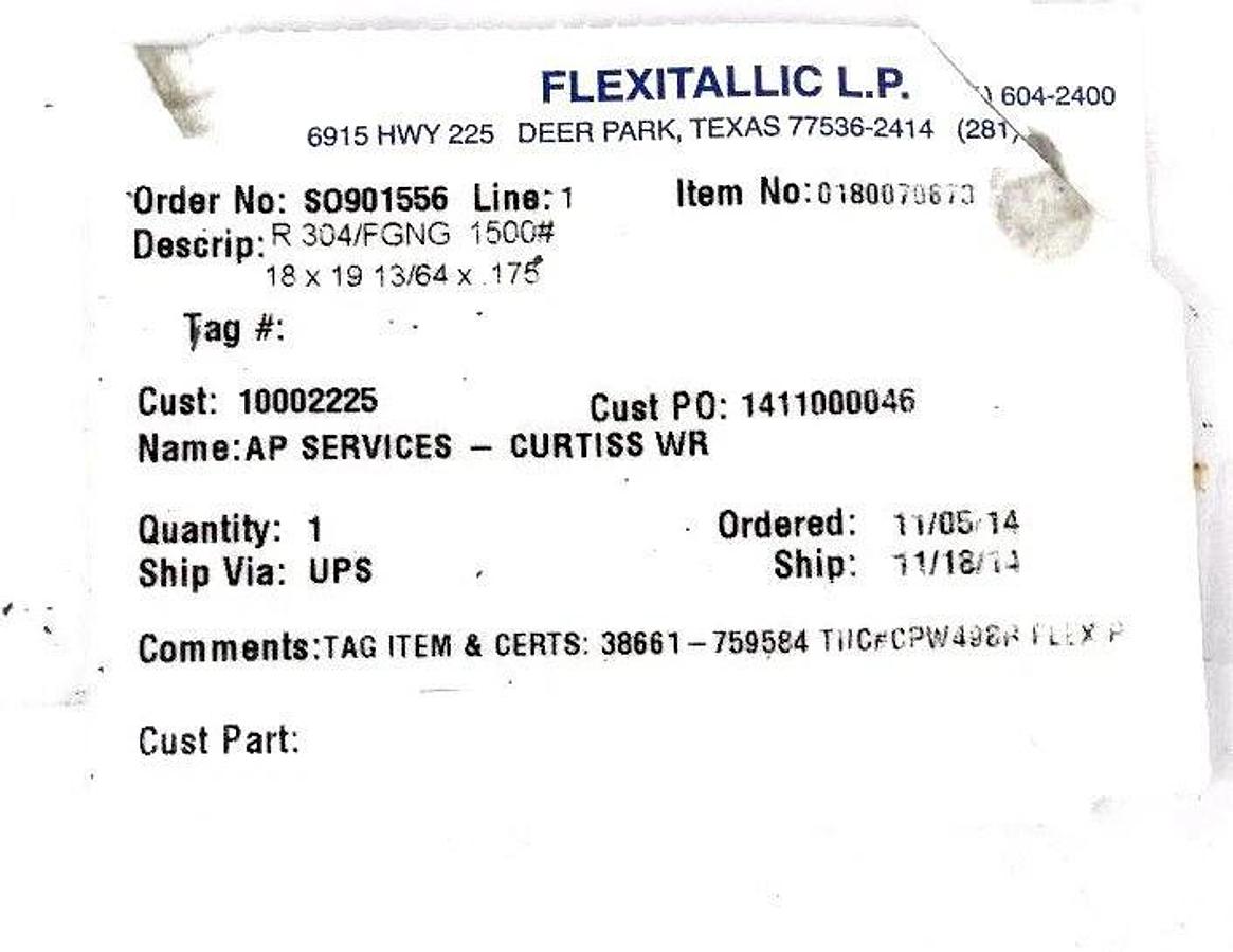 NEW FLEXITALLIC 18X19 SPIRAL WOUND GASKET R 304/FGNG 1500#