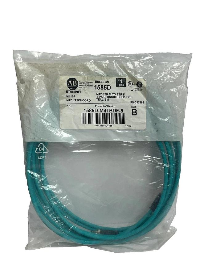 Used Allen-Bradley 1585D-M4TBDF-5 Ser. B Ethernet Patchcord M12 D-Code 5m 16.4ft Teal