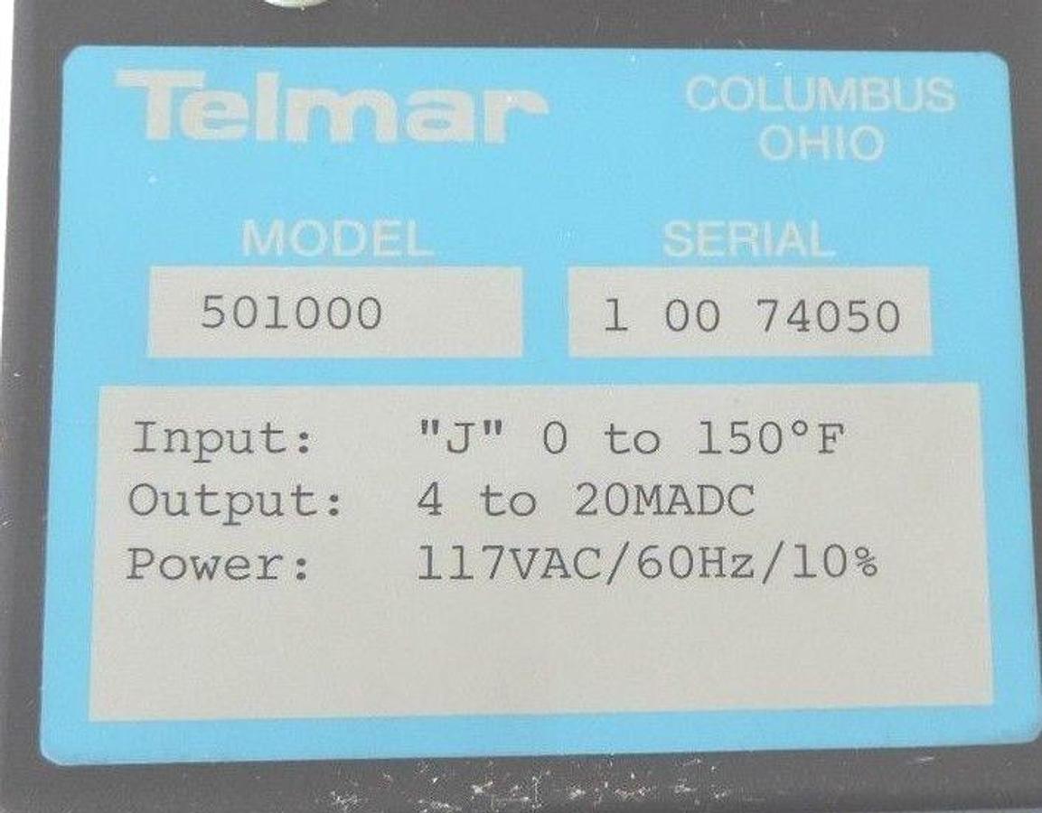 Used NEW TELMAR 501000 TRANSMITER 0-150F 4-20MADC 117VAC 60HZ