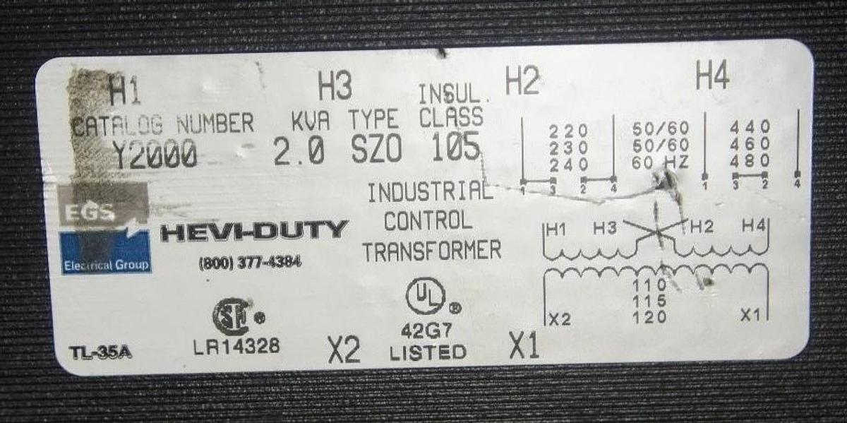 NEW HEVI-DUTY Y2000 INDUSTRIAL TRANSFORMER, TYPE SZ0, INSUL. CLASS 105, KVA 2.0