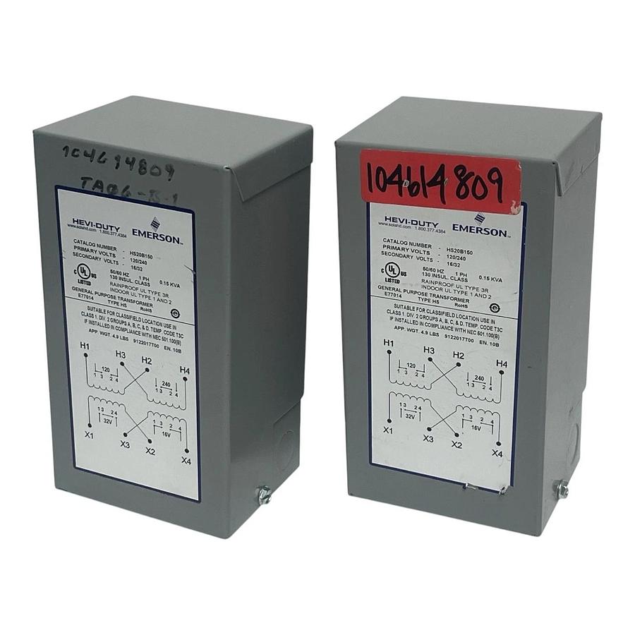 LOT OF 2 Emerson Sola Hevi-Duty HS20B150 Transformer .150KVA 120/240V 16/32V 1PH