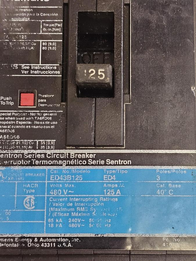 Used SIEMENS ED43B125 CIRCUIT BREAKER 3-POLE 125A 480V
