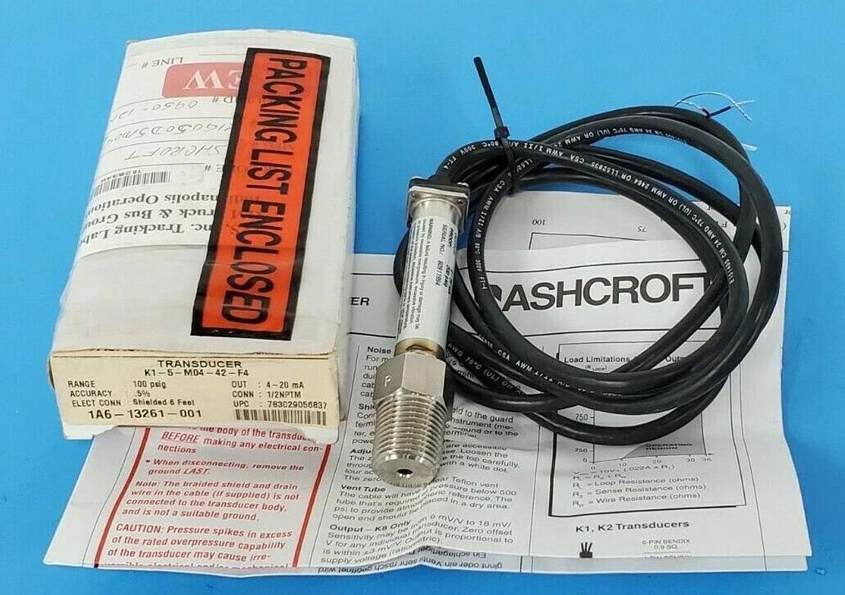 NIB ASHCROFT K1-5-M04-42-F4 TRANSDUCER 100PSIG 4-20mA 1/2" NPTM 6FT K15M0442F4#