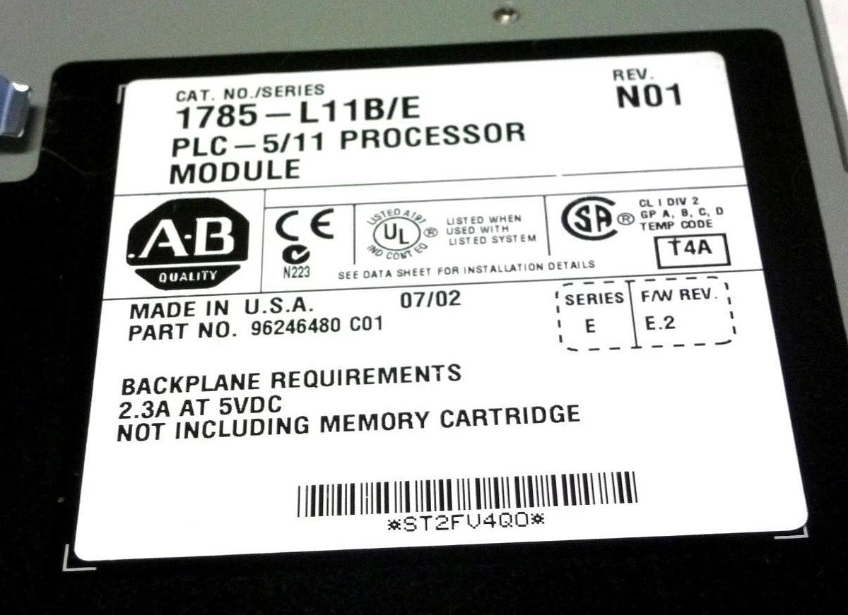 Used ALLEN BRADLEY 1785-L11B/E REV. N01 SER. E F/W REV. E.2 PROCESSOR 1785L11B