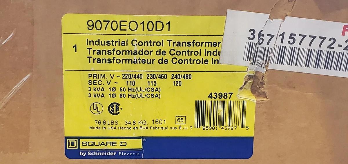 NIB SQUARE D 9070EO10D1 INDUSTRIAL CONTROL TRANSFORMER 30021-930-50 3KVA 50/60HZ