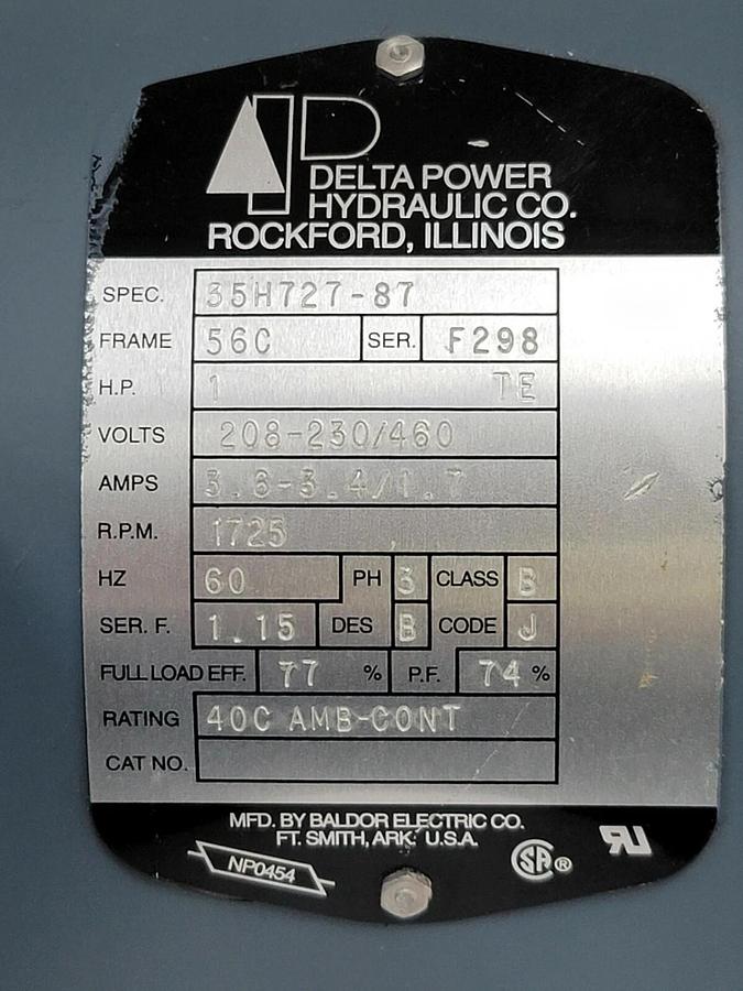 NEW DELTA POWER HYDRAULIC 35H727-87 FRAME 56C H.P. 1 VOLTS: 208-230/460 W/ C43