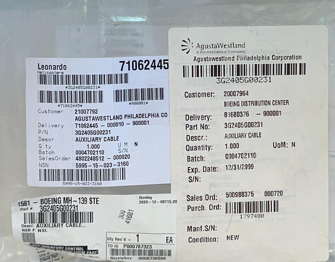 Used NEW AgustaWestland LEONARDO 3G2405G000231 / 71062445 AUXILIARY CABLE NSMP