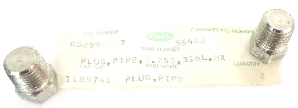 Used LOT OF 2 NEW PALL 1185741 PLUG, PIPE, 0.250, 316L, HX