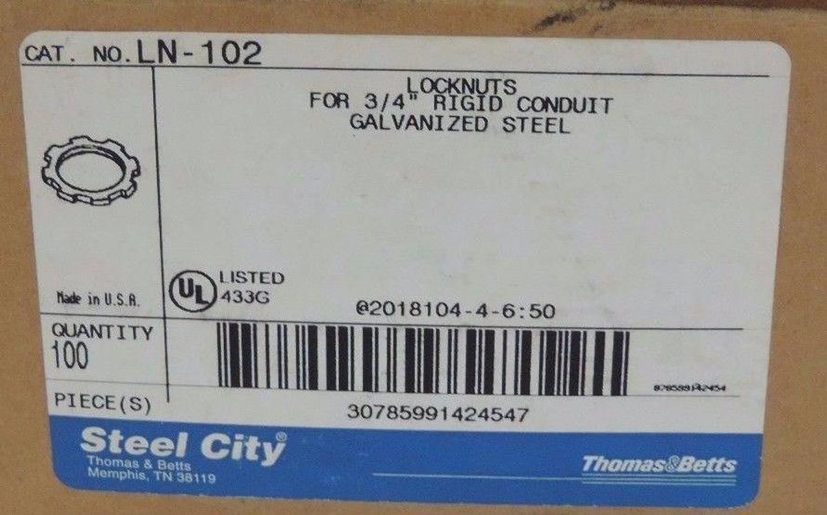 NIB THOMAS & BETTS LN-102 LOCKNUTS FOR 3/4" RIGID CONDUIT QTY 100