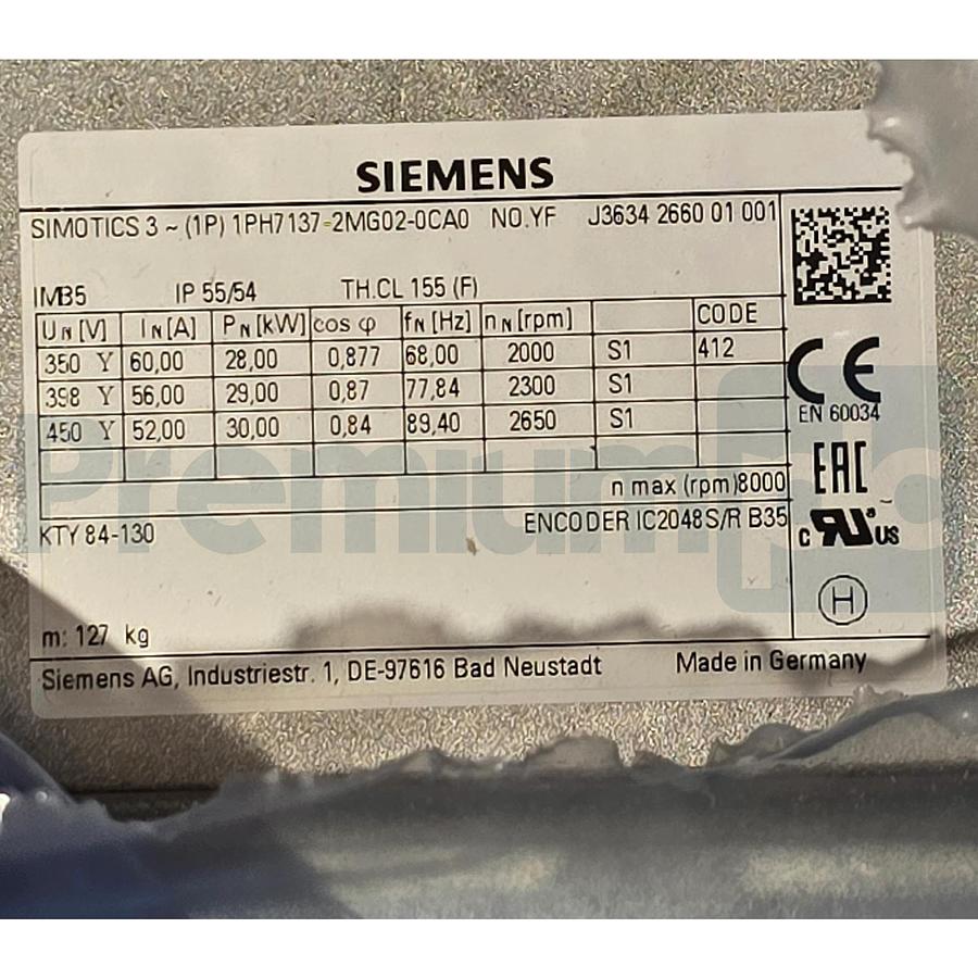 Siemens 1PH7137-2MG02-0CA0 SIMOTICS M CNC Spindle Servo Motor 28-30kW NSMP