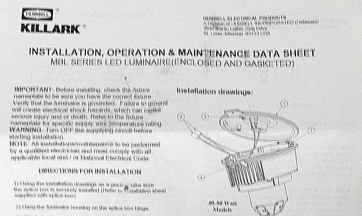 NIB HUBBELL KILLARK MBL2230 MBL LED LIGHTING FIXTURE 22W, 120-277V, 50/60HZ