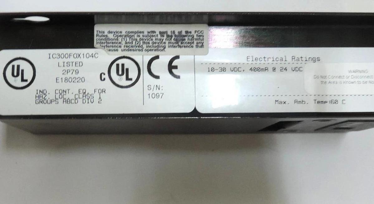 Used GE BASE IC300FOX104C FIBER OPTIC IN / OUT 10-30 VDC, 400mA @ 24VDC IC300FOX104